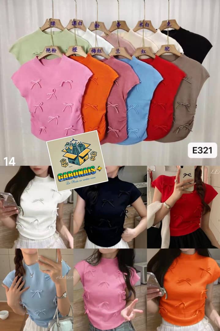 T-shirt Femme Nœuds Décoratifs Manches Courtes Multi-Couleurs