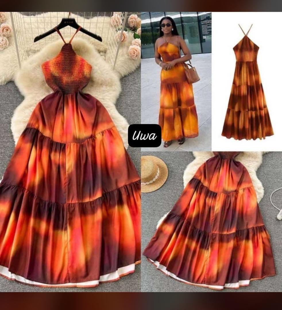 Robe Femme Longue Tie-Dye Orange Dégradé Bretelles Croisées