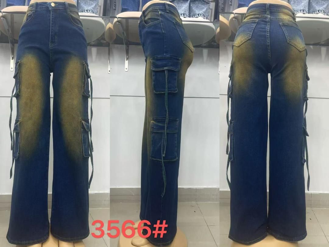 Jean Femme Cargo Taille Haute Poches Multiples Bleu Délavé