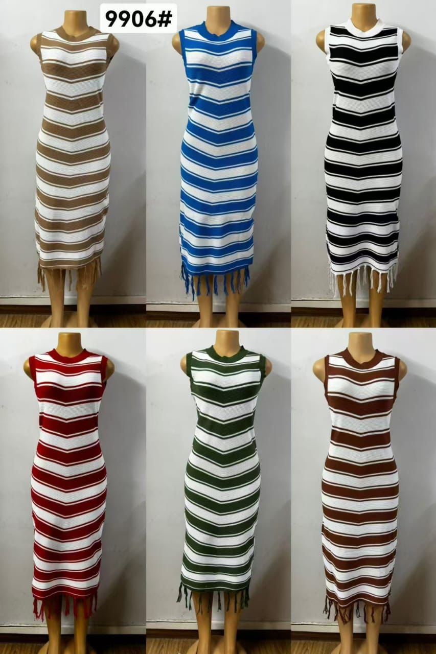 Robe Femme Longue Rayée Franges Sans Manches Multi-Couleurs