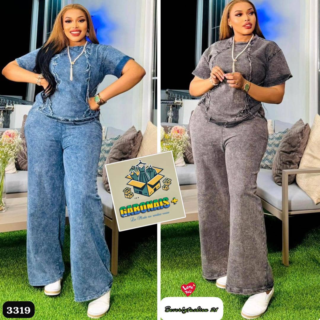 Ensemble Femme Décontracté Acid Wash Top Court et Pantalon Large